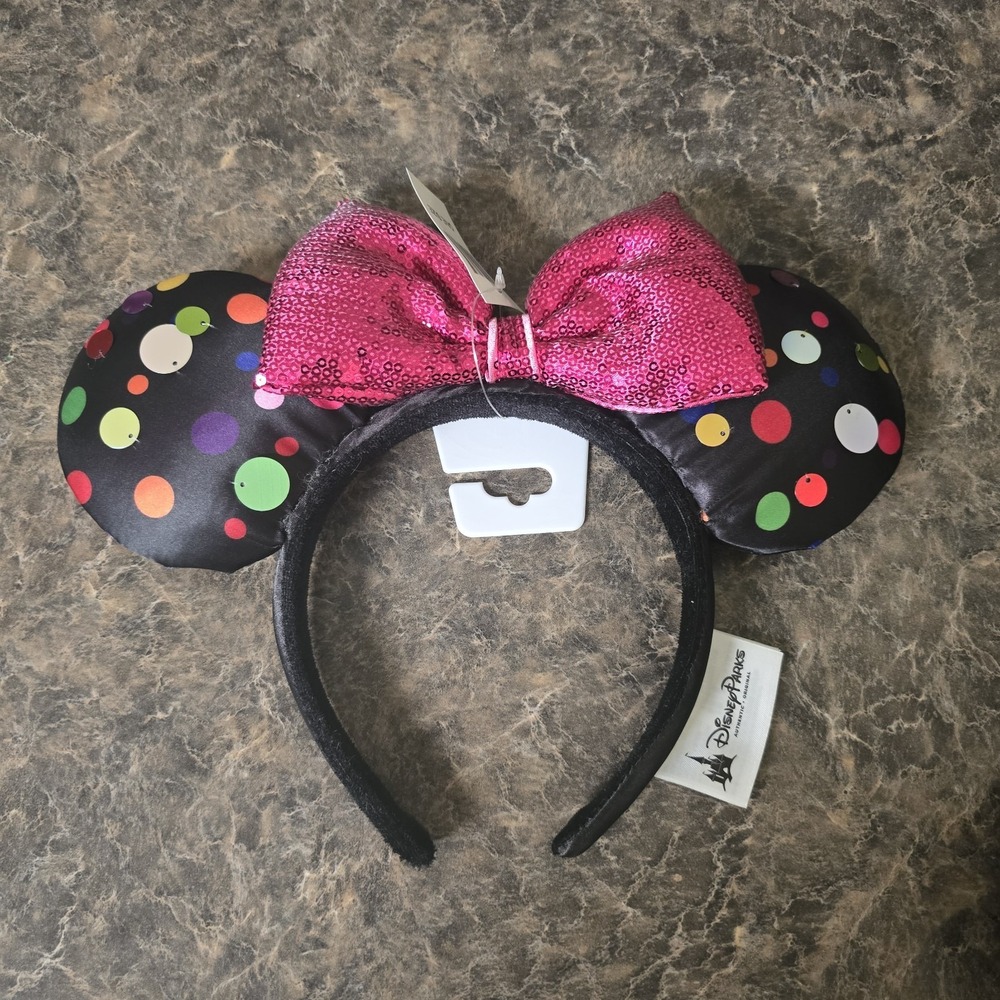 Disney Black Mouse Ears Headband Bright Polka Dots Lg Sequin Dots Pink Bow